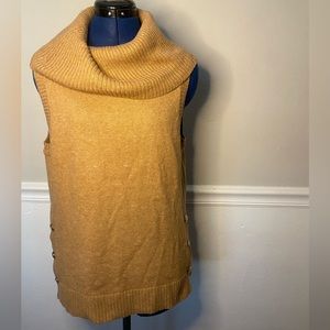 Talbots camel knit cowl turtleneck sleeveless sweater vest with gold buttons